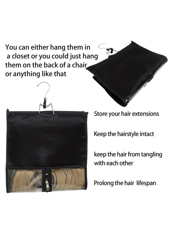 RJMBMUP 1 Pack Hair Extension Satin Storage Bag With Hanger Wig Holder Bundles Hairpieces Ponytail Wig Style Hair Travel Black Color - Image 4