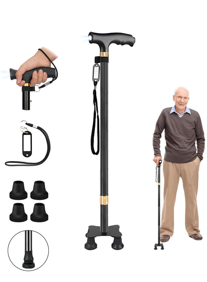 MarlaMall Walking Sticks with 10 Height Adjustable, Walking Cane Lightweight Comfortable Travel Cane with LED Light, Sturdy 4-Legged Base and Anti-Lost Hangtag for Seniors & Adults - Image 1