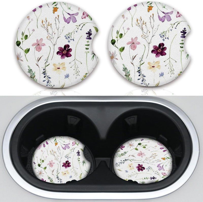 Adastrah Wildflowers Universal Auto Anti Slip Insert Coasters, 2 Pack Rubber Car Coasters with A Finger Notch - Image 1