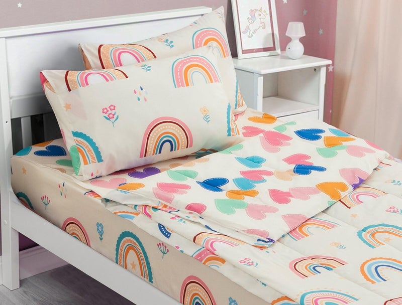 Meeting Story Meeting Story 3Piece Kids Comforter Set  Twin Zipper Bedding for Girls Rainbow Comforter with Flower Pattern Beige