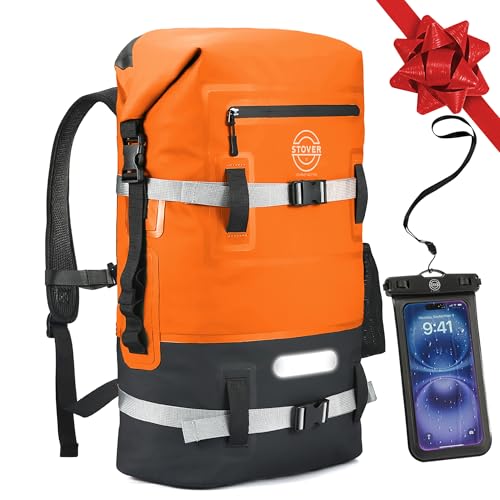 STOVER 5/10/25/30/40/55L Waterproof Dry Backpack & Phone Case- X-Large Floating Dry Bag for Kayaking, Travel, Hiking, Fishing, Camping, Motorcycles & Beach, Heavy-Duty Roll Top Men/Women (Orange) - Image 1