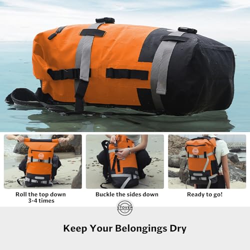 STOVER 5/10/25/30/40/55L Waterproof Dry Backpack & Phone Case- X-Large Floating Dry Bag for Kayaking, Travel, Hiking, Fishing, Camping, Motorcycles & Beach, Heavy-Duty Roll Top Men/Women (Orange) - Image 4