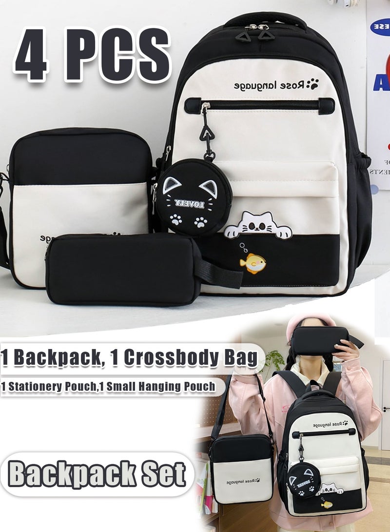 School Bag, 4 Piece Black Nylon Backpack Set for Teen Girls – Cute Black School Bag Set Includes 1 Backpack, 1 Crossbody Bag, 1 Stationery Pouch & 1 Small Hanging Pouch – Lightweight Student Shoulder Bags for School, Travel & Daily Use - Image 1