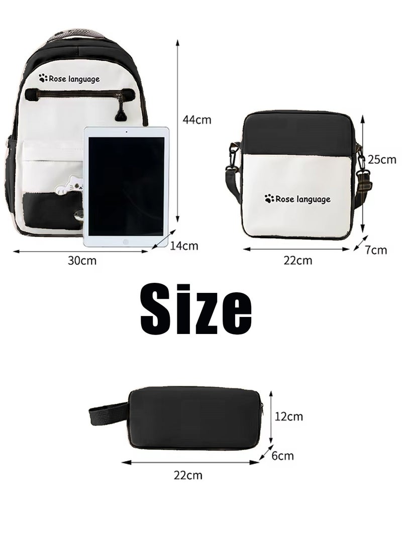 School Bag, 4 Piece Black Nylon Backpack Set for Teen Girls – Cute Black School Bag Set Includes 1 Backpack, 1 Crossbody Bag, 1 Stationery Pouch & 1 Small Hanging Pouch – Lightweight Student Shoulder Bags for School, Travel & Daily Use - Image 2
