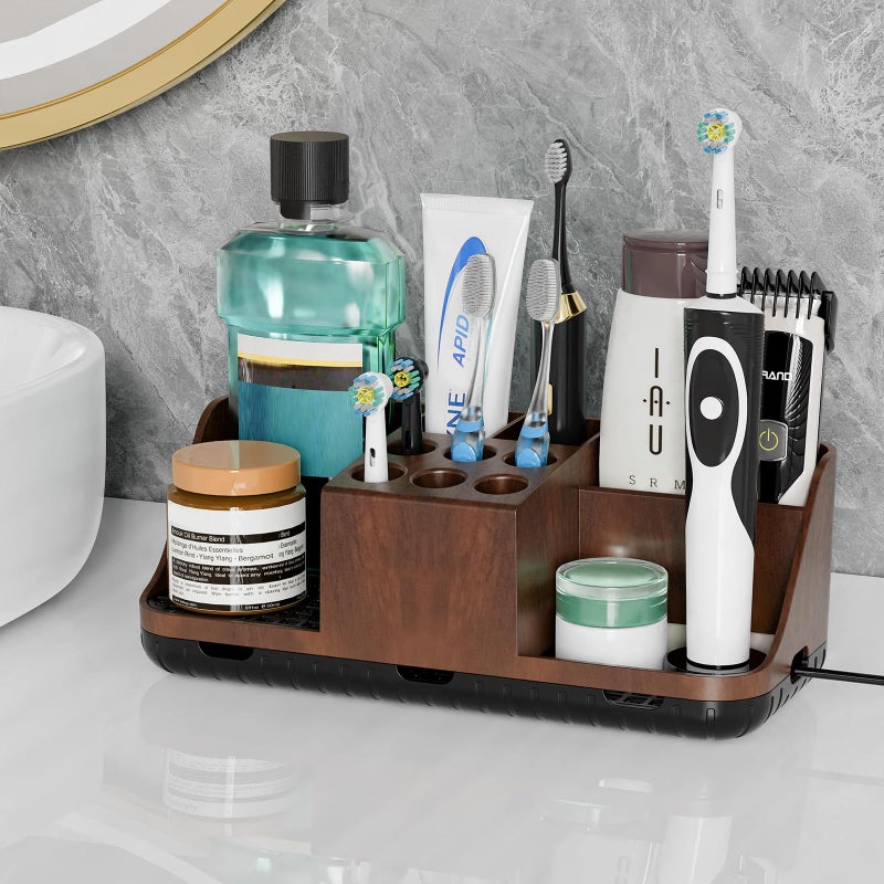 Boperzi Bathroom Counter Organizer for Vanity & Sink Storage: Detachable Electric Toothbrush and Toothpaste Holder, Water Flosser Holder, Bathroom Decor and Accessories Organization Set(Walnut Black) - Image 2