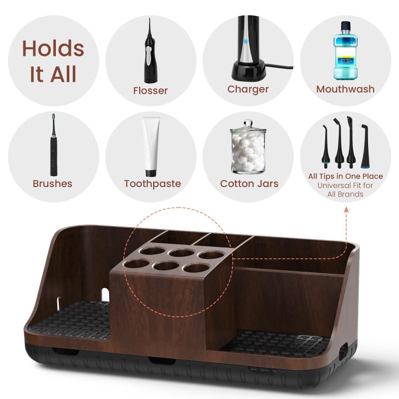Boperzi Bathroom Counter Organizer for Vanity & Sink Storage: Detachable Electric Toothbrush and Toothpaste Holder, Water Flosser Holder, Bathroom Decor and Accessories Organization Set(Walnut Black) - Image 3