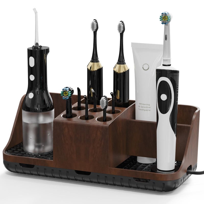 Boperzi Bathroom Counter Organizer for Vanity & Sink Storage: Detachable Electric Toothbrush and Toothpaste Holder, Water Flosser Holder, Bathroom Decor and Accessories Organization Set(Walnut Black) - Image 1