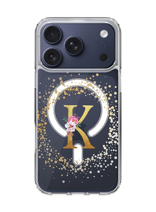 Stylizedd Classic Clear MagSafe Case for iPhone 17 Pro , Hybrid Soft Case Flexible Edges Anti Drop TPU PC Gel Thin Transparent Cover [ Designed for iPhone 17 Pro ] - Custom Monogram Initial Letter Floral Pattern Alphabet - K  (Clear )