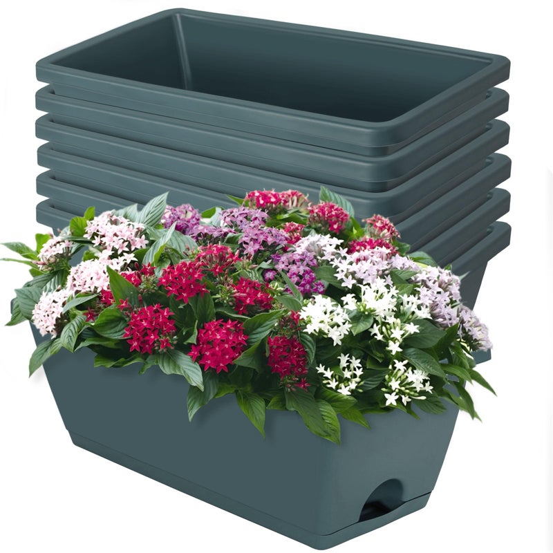 LOCONHA Window Box Planter, 7 Pack Plastic Vegetable Flower Planters Boxes 17 Inches Rectangular Flower Pots with Saucers for Indoor Outdoor Garden, Patio, Home Decor - Image 1