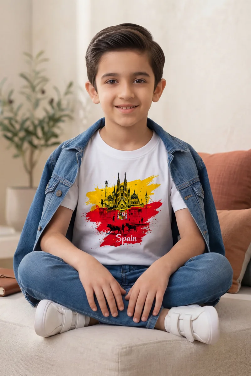 فنكار FUNKAAR تيشيرت أطفال للأولاد والبنات بطباعة علم إسبانيا