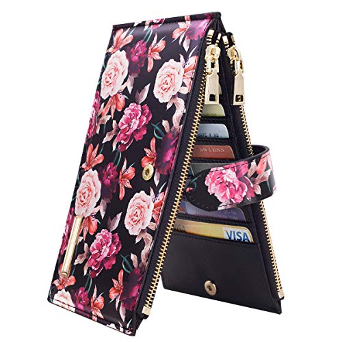 Coco Rossi Wallets for Women Rose Flowers Floral Wallet Multi Card Organizer Bifold Wallet with Zipper Pocket,Black - Image 1