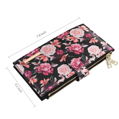Coco Rossi Wallets for Women Rose Flowers Floral Wallet Multi Card Organizer Bifold Wallet with Zipper Pocket,Black - Image 3