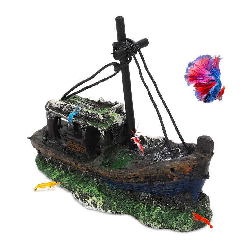 Hygger CO2 Small Boat Aquarium Decorations Resin - Sunken Shipwreck Fish Tank Ornament for Aquatic Adventure Scene-Approx. 4.9" L x 2.4" W x 3.9" H (Small Boat) - Image 1