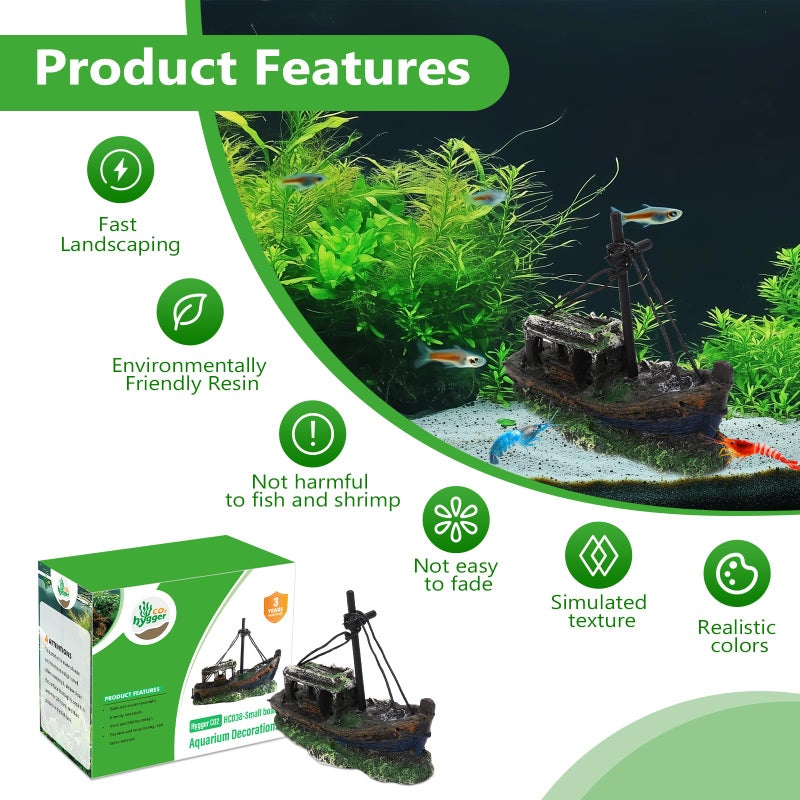 Hygger CO2 Small Boat Aquarium Decorations Resin - Sunken Shipwreck Fish Tank Ornament for Aquatic Adventure Scene-Approx. 4.9" L x 2.4" W x 3.9" H (Small Boat) - Image 3