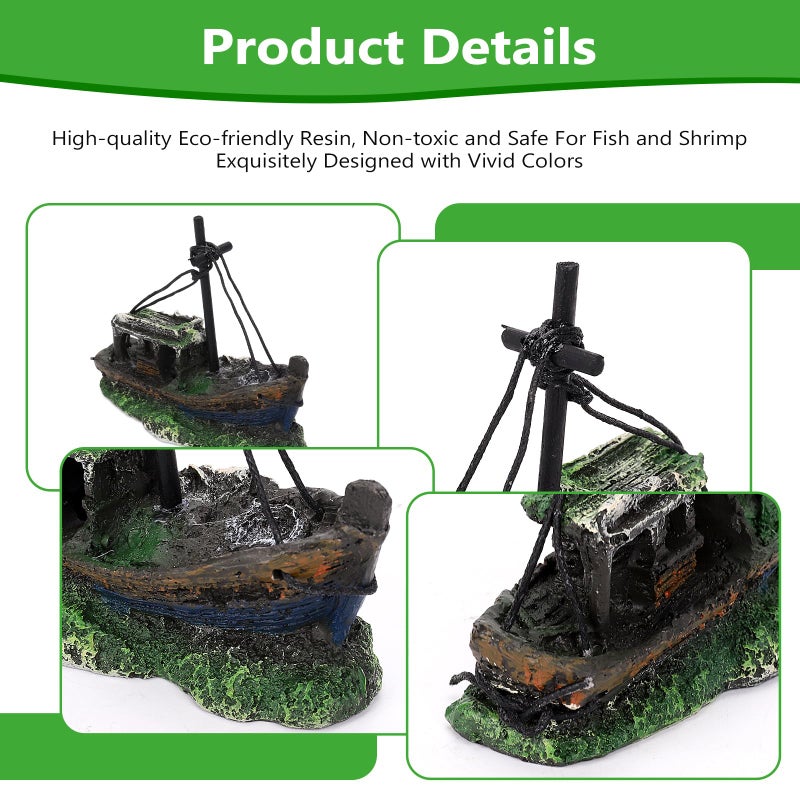 Hygger CO2 Small Boat Aquarium Decorations Resin - Sunken Shipwreck Fish Tank Ornament for Aquatic Adventure Scene-Approx. 4.9" L x 2.4" W x 3.9" H (Small Boat) - Image 4