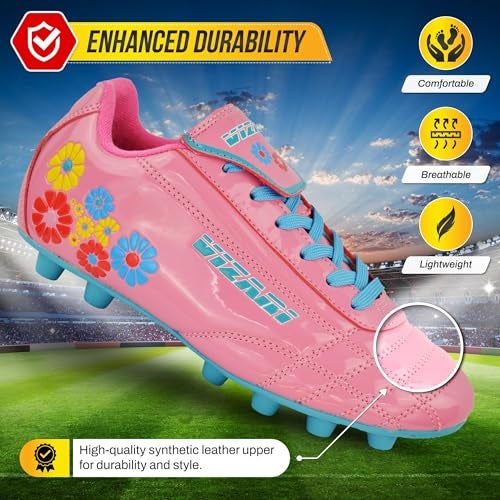 Vizari Blossom Soccer Cleats for Girls, Boys, Toddler | Youth Firm Ground FG Athletic Outdoor Football Shoes for Little/Big Kid Pink/Blue - Image 2