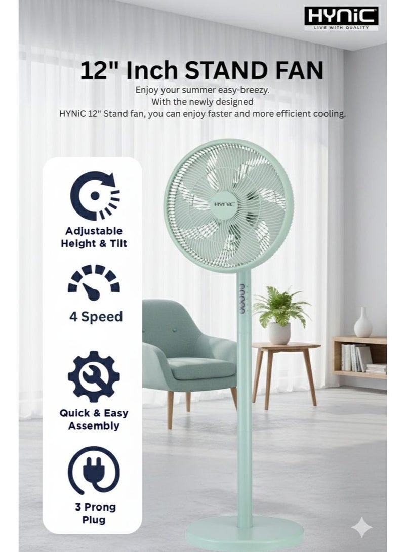 Hynic 12" Stand Fan | 7-Blade Leaf High Velocity Pedestal Fan with 4-Speed Control | Super Silent Operation | Adjustable Pitch Angle and Oscillating Function - Image 2