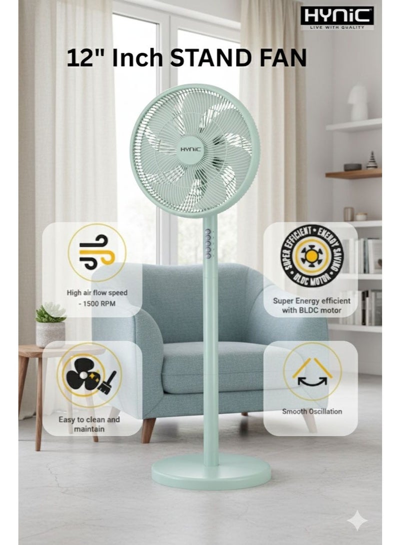 Hynic 12" Stand Fan | 7-Blade Leaf High Velocity Pedestal Fan with 4-Speed Control | Super Silent Operation | Adjustable Pitch Angle and Oscillating Function - Image 3