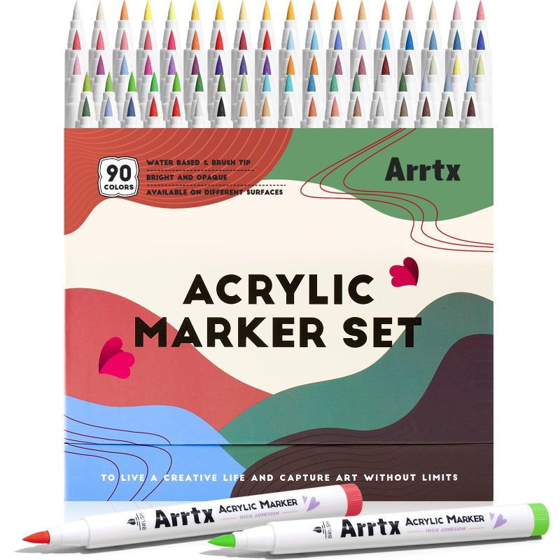 Arrtx Acrylic Markers 90 Colors, Premium Brush Tip Acrylic Paint Pens, Water Based Ink, No Toxic, Water Resistant Paint Markers for Rock Painting Wood Stone Glass Fabric DIY Project - Image 1