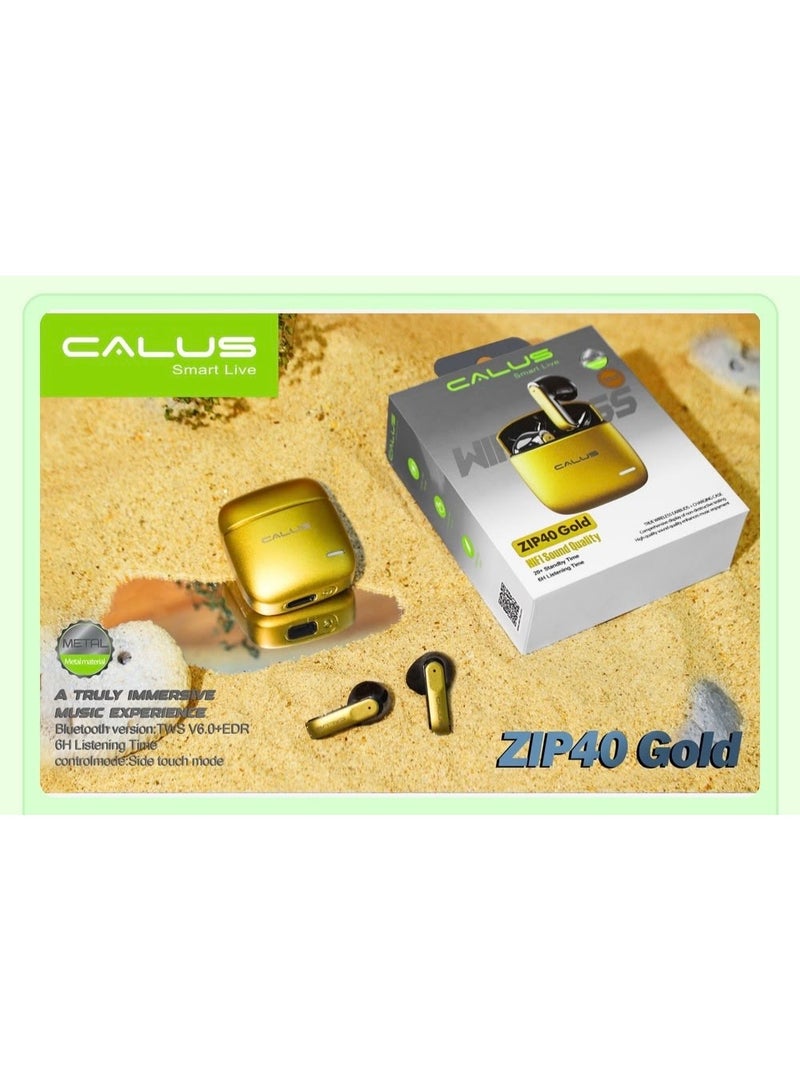 كالوس سماعات أذن بلوتوث لاسلكية CALUS ZIP40 Gold True مع علبة شحن - صوت ستيريو هاي فاي، وقت تشغيل 6 ساعات والتحكم باللمس - Image 2