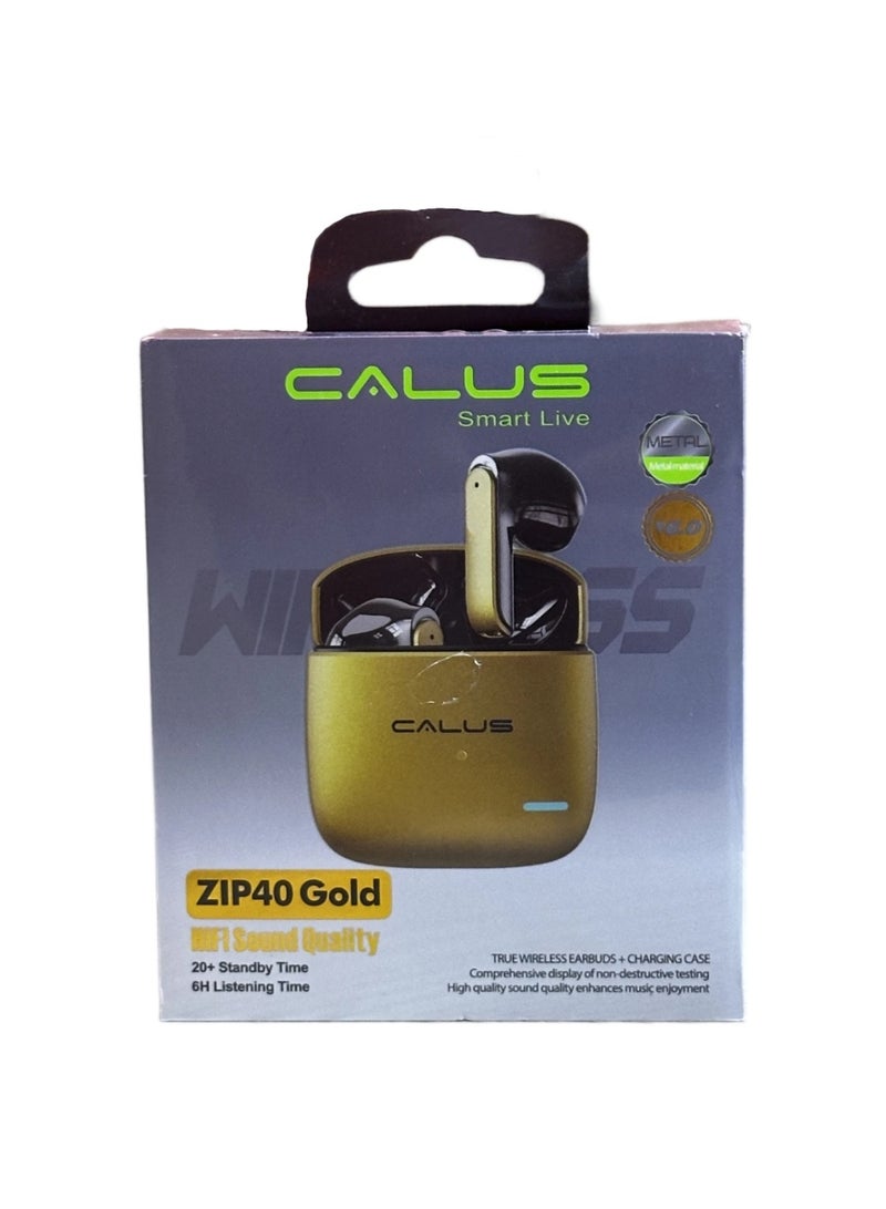 كالوس سماعات أذن بلوتوث لاسلكية CALUS ZIP40 Gold True مع علبة شحن - صوت ستيريو هاي فاي، وقت تشغيل 6 ساعات والتحكم باللمس - Image 1