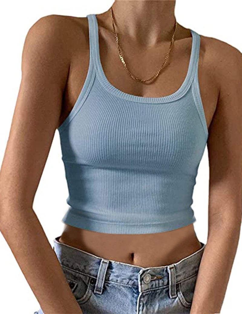 KAMISSY Women's Sleeveless Crop Tank Top Slim Fit Scoop Neck Ribbed Knit Basic Crop Cami Shirts Tops Blue - Image 4