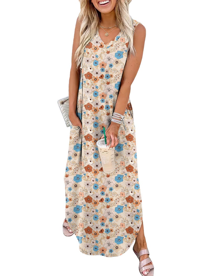 Sampeel Womens Summer Dresses 2025 Spring Fashion Sundresses Beach Vacation Clothes Cruise Outfits Floral Khaki L - Image 1