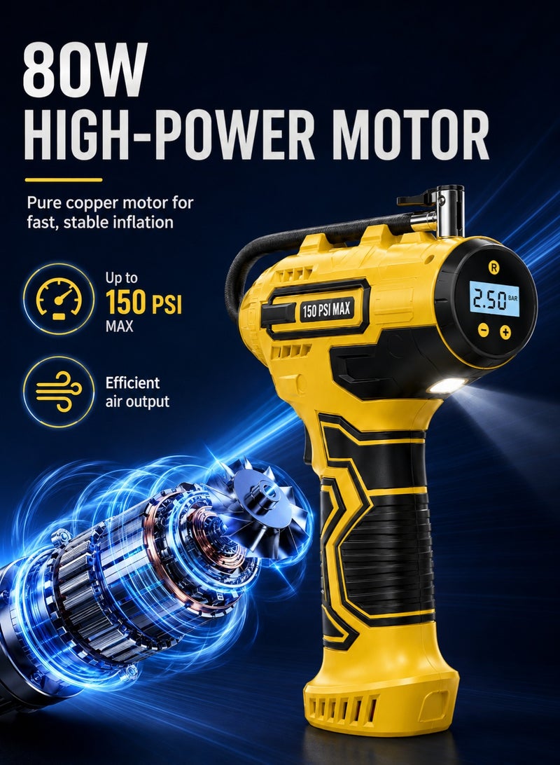 أسترواي منفاخ إطارات لاسلكي محمول بضغط 150 PSI وقدرة 80 واط، كمبروسر هواء ببطارية قابلة للشحن 4000 مللي أمبير، شاشة ضغط رقمية وإيقاف تلقائي وإضاءة LED وشحن Type-C للسيارة والدراجة النارية والهوائية والسكوتر والكرات، أصفر - Image 2