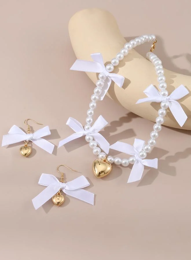 Girls White Bow and Heart Charms Pearl Necklace and Earrings Set