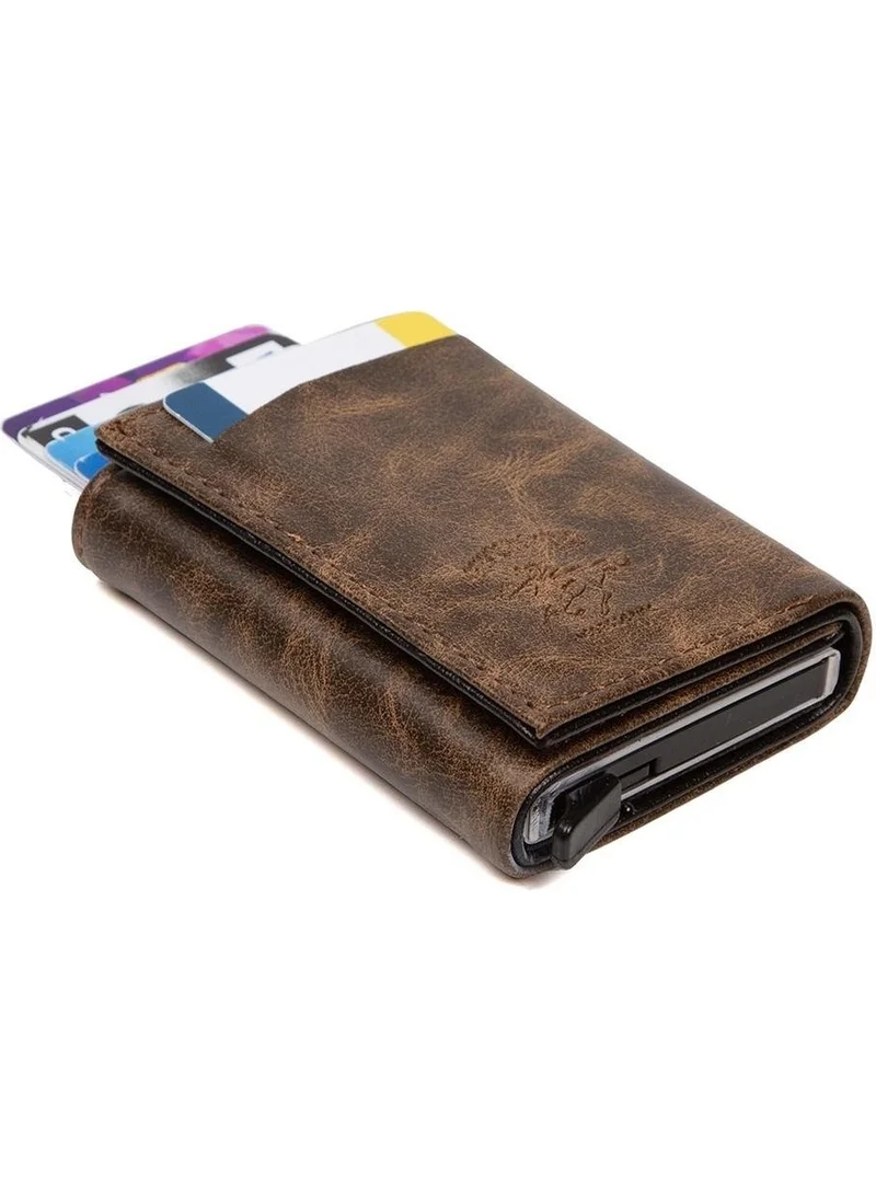 Newish Polo Brown Crazy Artificial Leather Automatic Mechanism Card Holder Wallet