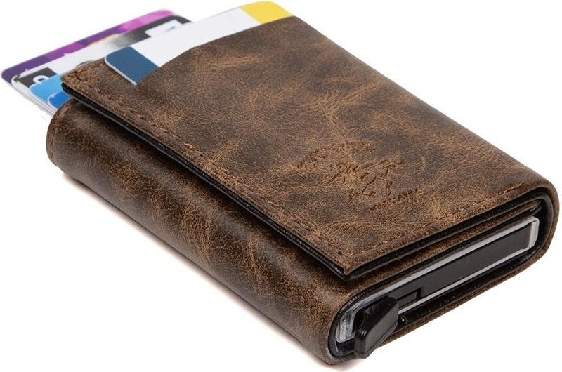Newish Polo Brown Crazy Artificial Leather Automatic Mechanism Card Holder Wallet  - Image 1