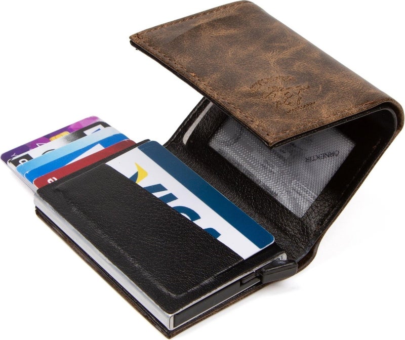 Newish Polo Brown Crazy Artificial Leather Automatic Mechanism Card Holder Wallet  - Image 4