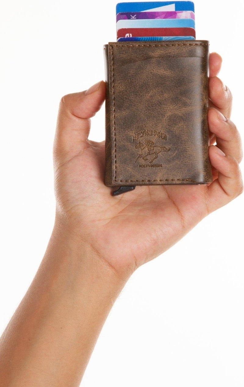 Newish Polo Brown Crazy Artificial Leather Automatic Mechanism Card Holder Wallet  - Image 2