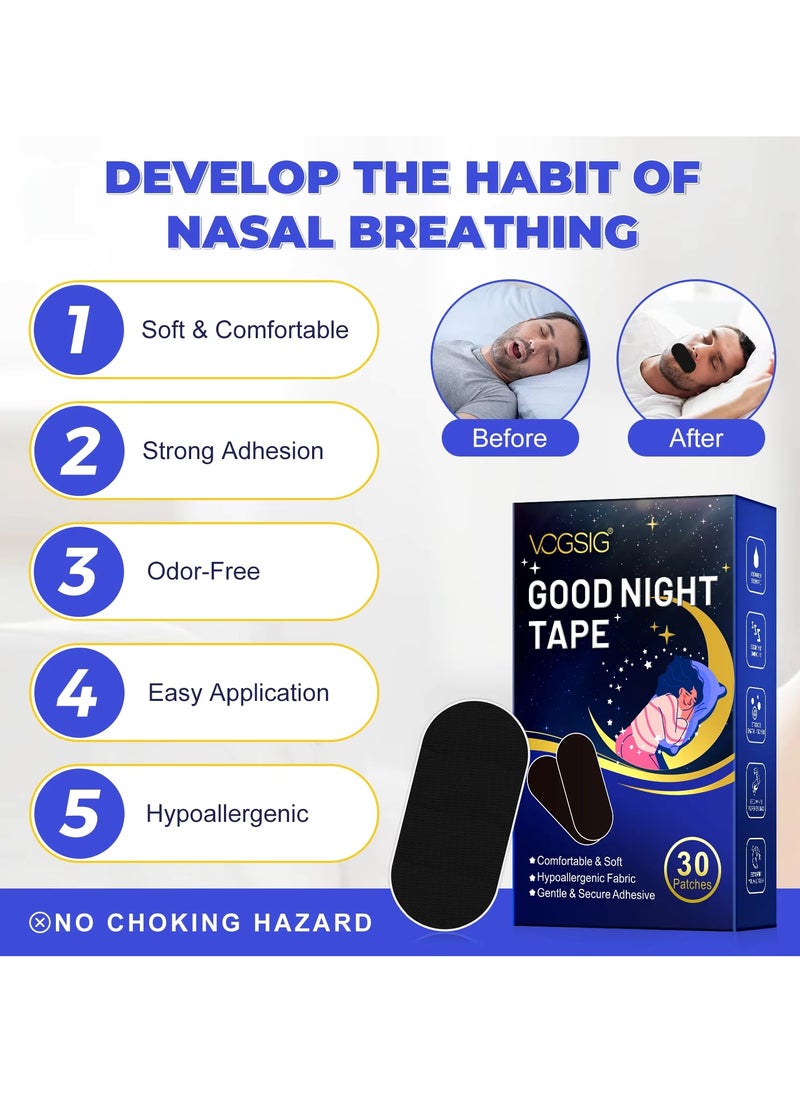VOGSIG - 30 Patches Good Night Tape Mouth Tape Sleep Strips Soft and Comfortable Gentle and Secure Adhesive Sleep Mouth Tape Anti Snoring Less Mouth Breathing Odour Free Sleep Strips Mouth Tape - Image 1