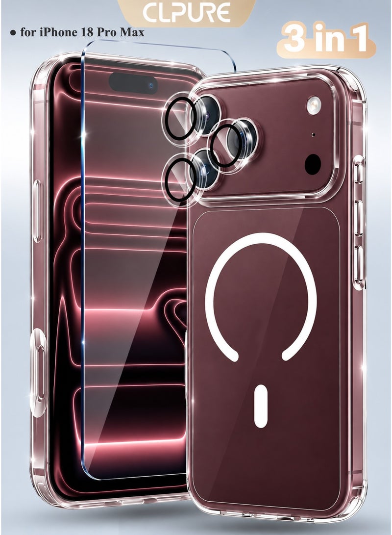 CLPURE 3 in 1 Apple iPhone 18 Pro Max Protection Pack, Case Clear with Screen Protector & Camera Protector Compatible with Magsafe, Anti-Yellowing, Shockproof Slim Magnetic for iPhone 18 Pro Max Case Cover, Transparent - Image 1