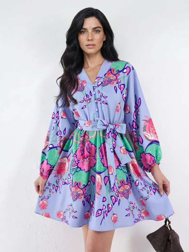 Jennyfer Floral V-Neck A-Line Mini Dress with Belt