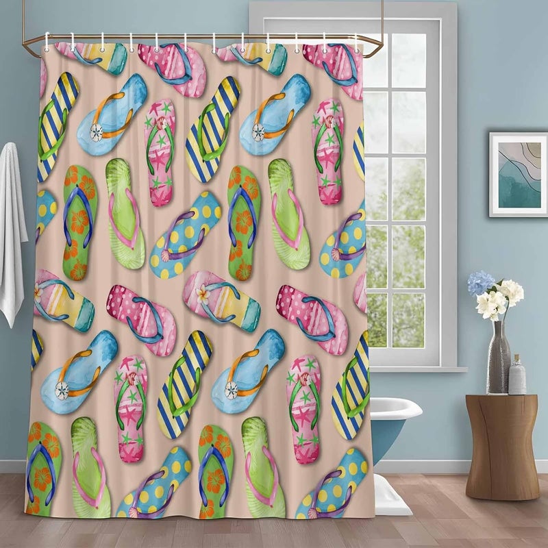 Summer Slippers Shower Curtain with 12 Hooks Watercolor Colorful Flip-Flops Sandy Beach Waterproof Fabric Shower Curtains Sets for Bathroom Bath Decorations, Machine Washable, 54"x78" - Image 1