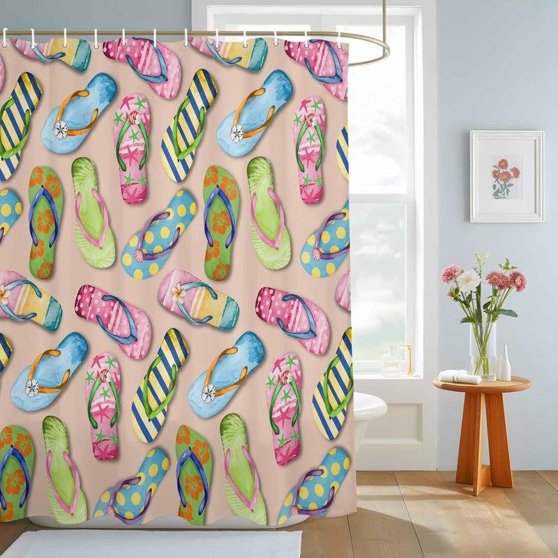 Summer Slippers Shower Curtain with 12 Hooks Watercolor Colorful Flip-Flops Sandy Beach Waterproof Fabric Shower Curtains Sets for Bathroom Bath Decorations, Machine Washable, 54"x78" - Image 3