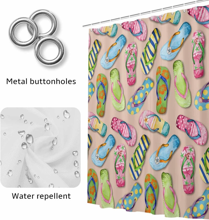 Summer Slippers Shower Curtain with 12 Hooks Watercolor Colorful Flip-Flops Sandy Beach Waterproof Fabric Shower Curtains Sets for Bathroom Bath Decorations, Machine Washable, 54"x78" - Image 4