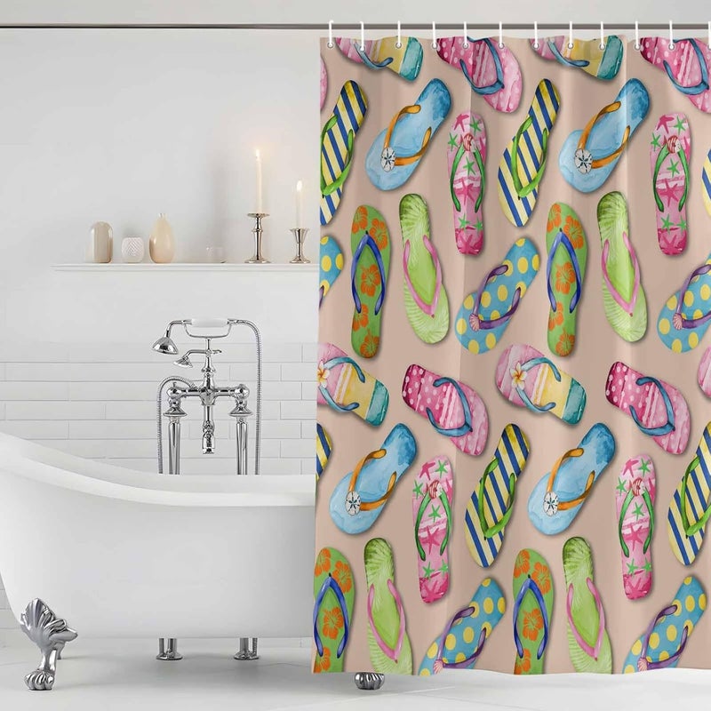 Summer Slippers Shower Curtain with 12 Hooks Watercolor Colorful Flip-Flops Sandy Beach Waterproof Fabric Shower Curtains Sets for Bathroom Bath Decorations, Machine Washable, 54"x78" - Image 5