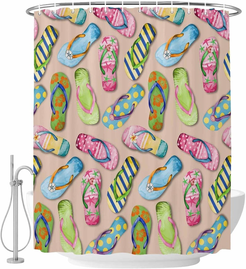 Summer Slippers Shower Curtain with 12 Hooks Watercolor Colorful Flip-Flops Sandy Beach Waterproof Fabric Shower Curtains Sets for Bathroom Bath Decorations, Machine Washable, 54"x78" - Image 2