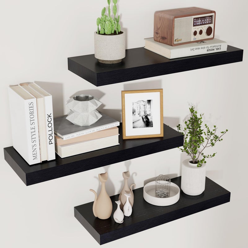 Black Floating Shelves for Wall Wooden Shelves for Wall Set of 3 Modern Black Shelves for Bedroom Living Room Bathroom Kitchen Shelves for Wall Decor Storage Black