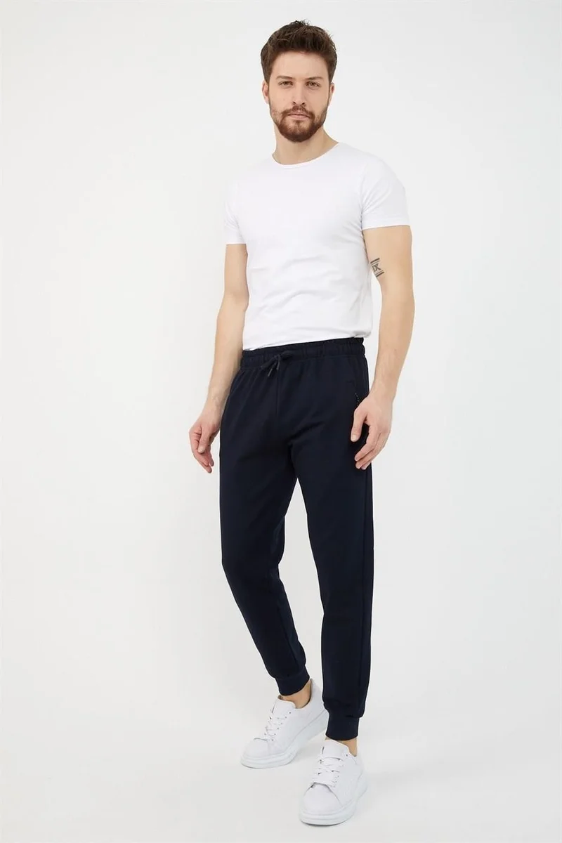 ميتاليك Navy Blue Men's Leg Ribbed Pocket Zipper Detailed Sweatpants