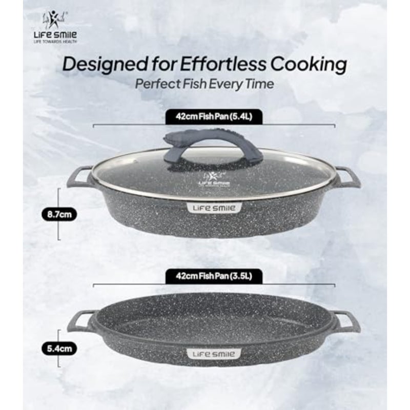 3PCS Oval Shape 30CM Fish Pan with Lid, Granite Non Stick Fry Pan, Induction Compatible - Image 3