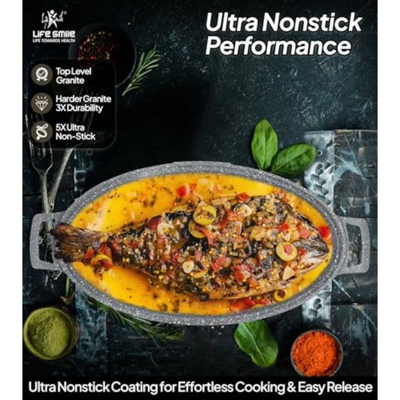 3PCS Oval Shape 30CM Fish Pan with Lid, Granite Non Stick Fry Pan, Induction Compatible - Image 5