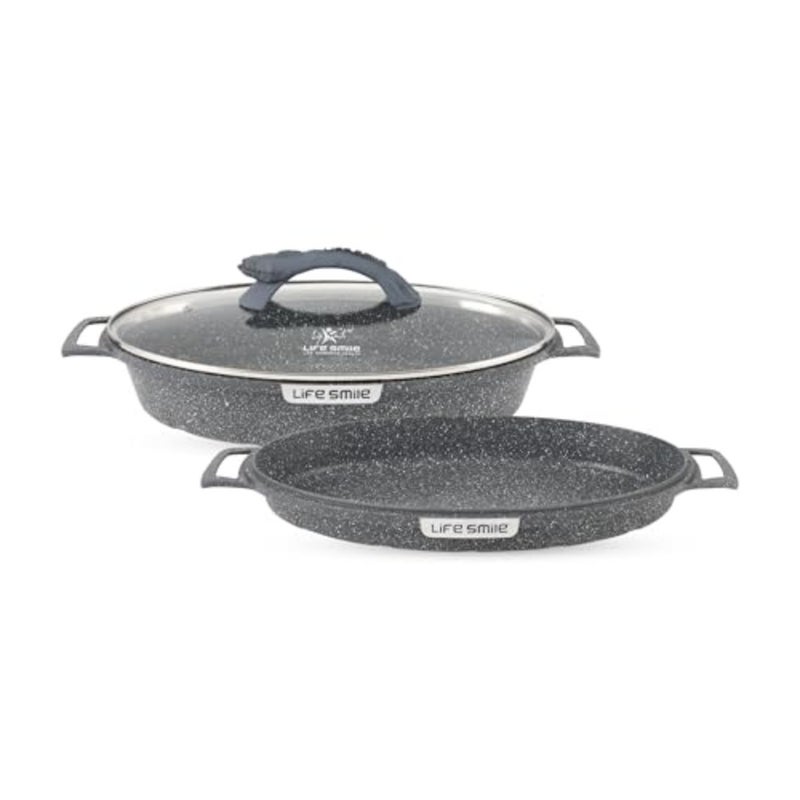 3PCS Oval Shape 30CM Fish Pan with Lid, Granite Non Stick Fry Pan, Induction Compatible - Image 1