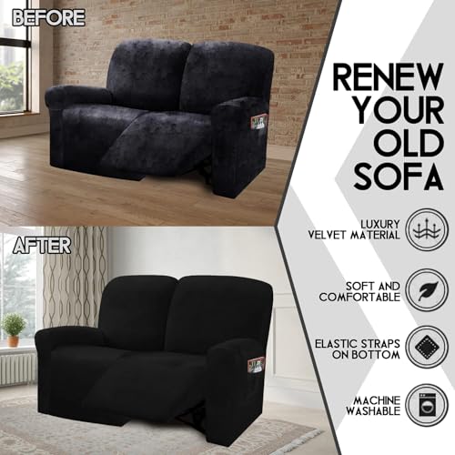 ULTICOR Reclining Love Seat Slipcover, 48" - 65" L, 6-Piece Velvet Stretch Loveseat Reclining Sofa Covers, 2 seat Love seat Recliner Cover, Thick, Soft, Washable (Black) - Image 4