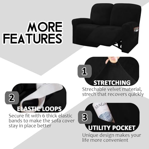 ULTICOR Reclining Love Seat Slipcover, 48" - 65" L, 6-Piece Velvet Stretch Loveseat Reclining Sofa Covers, 2 seat Love seat Recliner Cover, Thick, Soft, Washable (Black) - Image 5