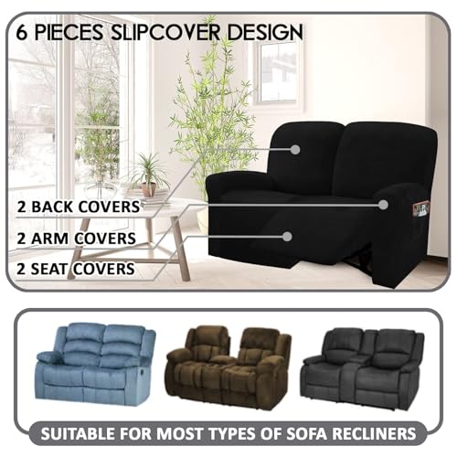 ULTICOR Reclining Love Seat Slipcover, 48" - 65" L, 6-Piece Velvet Stretch Loveseat Reclining Sofa Covers, 2 seat Love seat Recliner Cover, Thick, Soft, Washable (Black) - Image 3