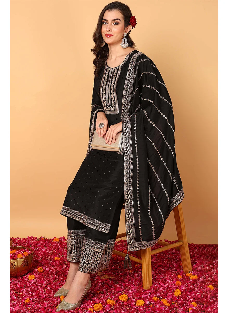 زيري سوق Black Silk Blend Solid Embroidered Straight 3-Piece Kurta Set